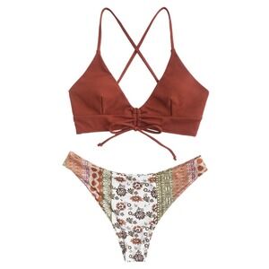 NWT ZAFUL Womens Ribbed Triangle Boho  Print High Cut Swimsuit Coffee Small